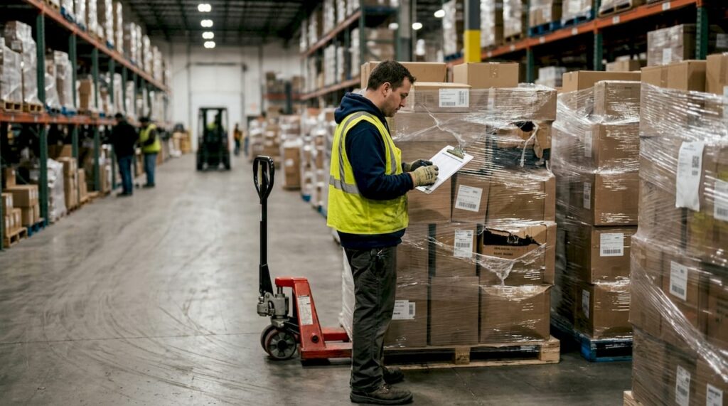 Worker checking liquidation pallets in warehouse