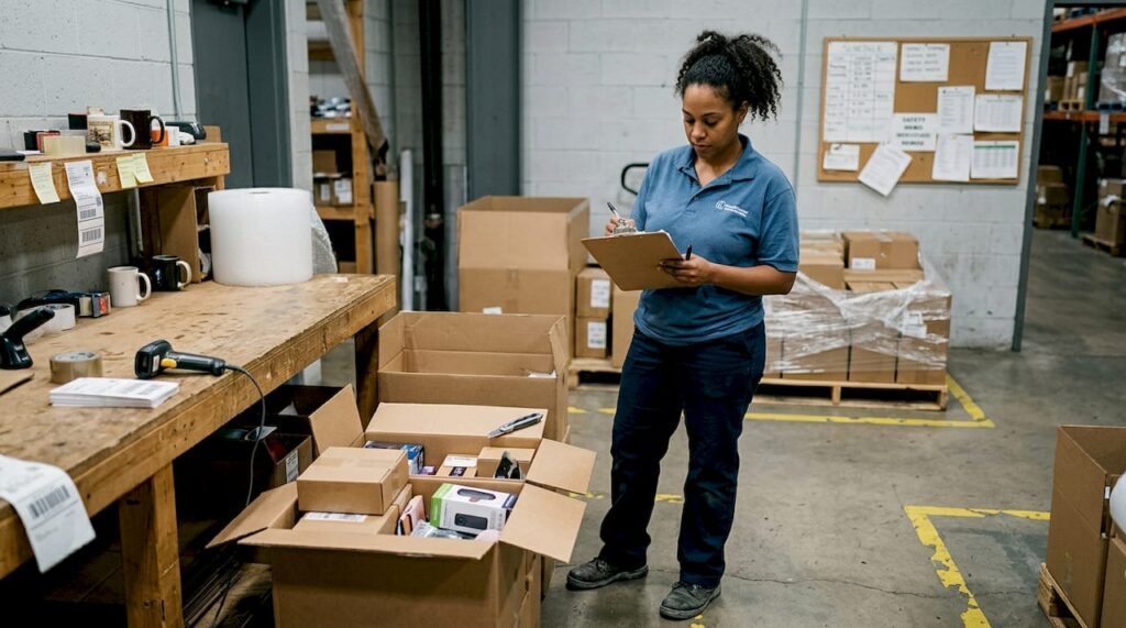 Warehouse supervisor sorting liquidation inventory
