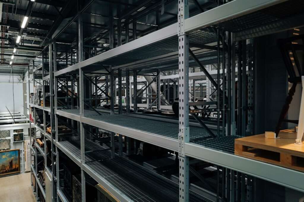 Industrial shelving and storage bins inside a bin store